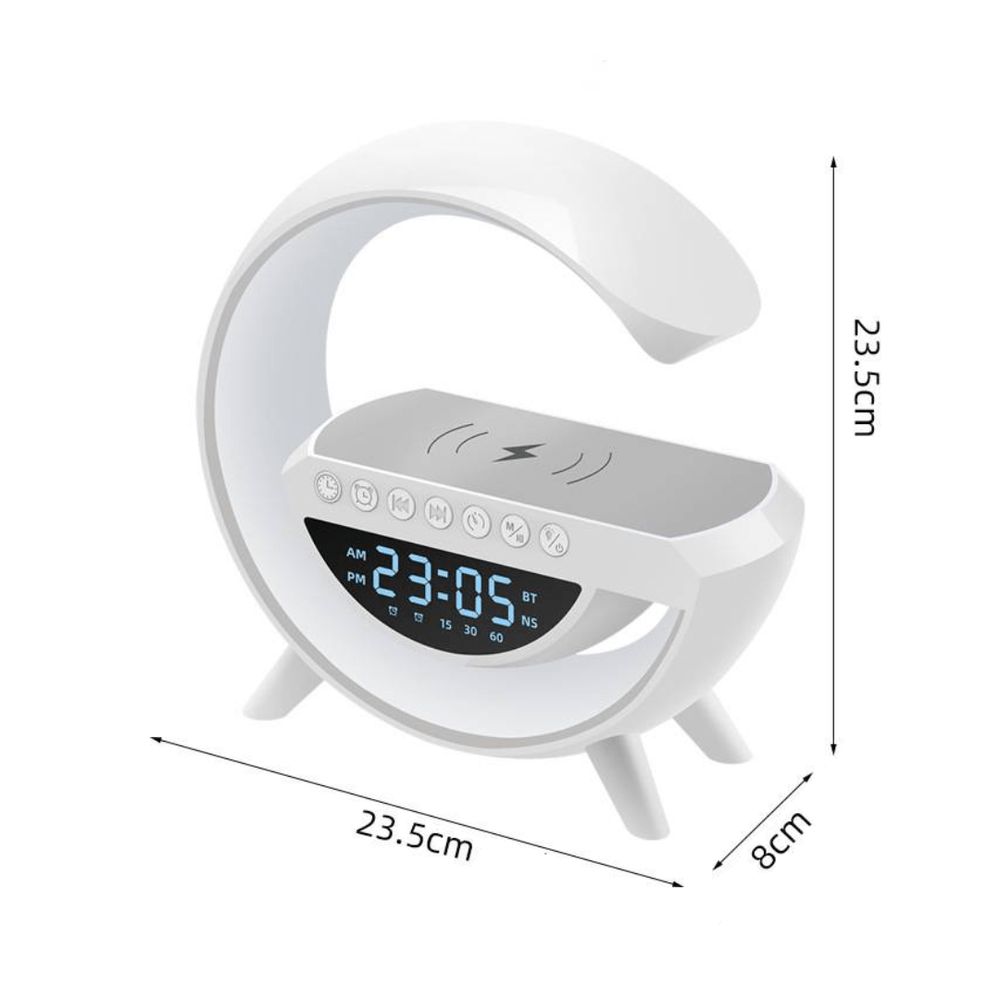 CARGADOR INALÁMBRICO, LAMPARA LUZ RGB Y PARLANTE BLUETOOTH, SIN MARCA, SIN MODELO, MATERIAL: ABS+PC, MEDIDA DEL PRODUCTO: 23,5*8*23,8CM,  CAPACIDAD DE LA BATERIA 1200MAH