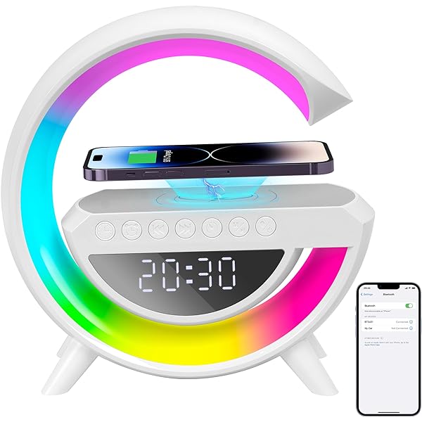 CARGADOR INALÁMBRICO, LAMPARA LUZ RGB Y PARLANTE BLUETOOTH, SIN MARCA, SIN MODELO, MATERIAL: ABS+PC, MEDIDA DEL PRODUCTO: 23,5*8*23,8CM,  CAPACIDAD DE LA BATERIA 1200MAH